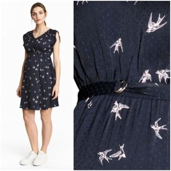 H&M MAMA Maternity Frilled-Sleeve Bird Print Navy Light Dress Sz M - Picture 1 of 13